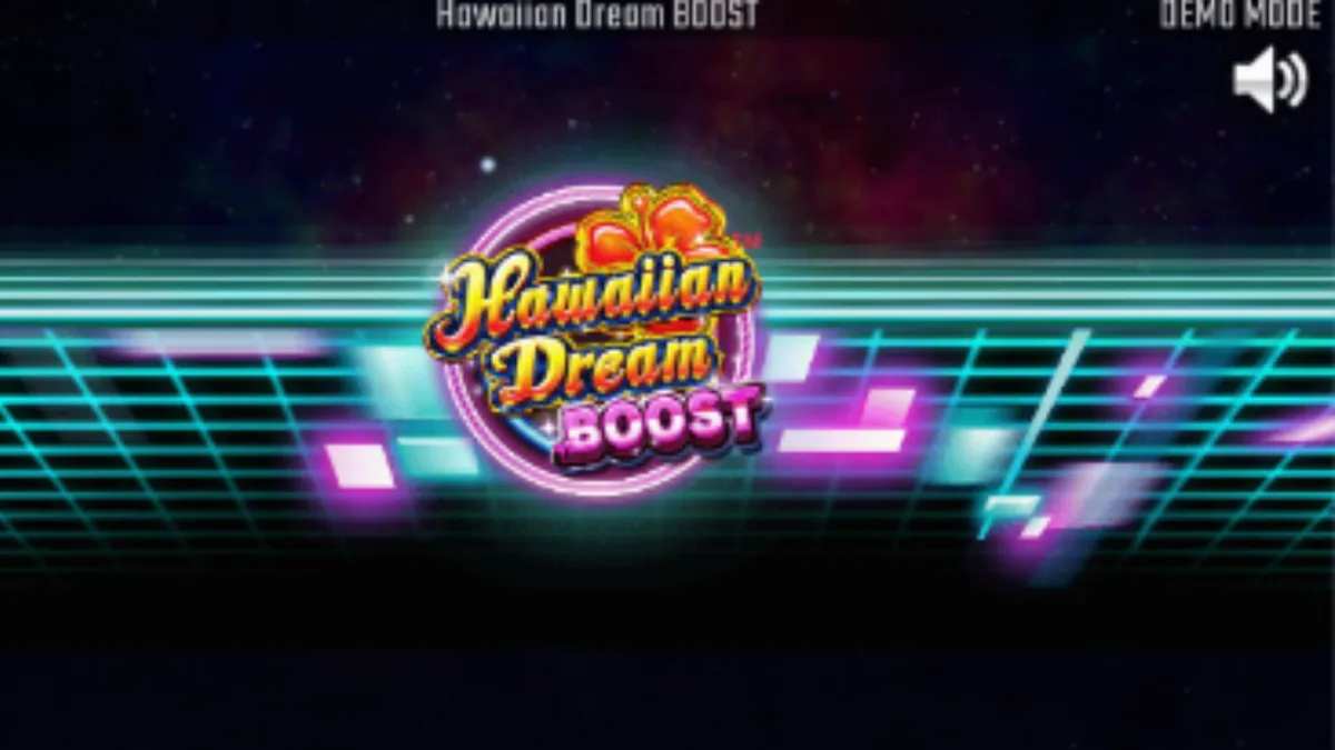 Tampilan layar permainan slot Hawaiian Dream Boost dengan equalizer digital dan bunga kembang sepatu neon.